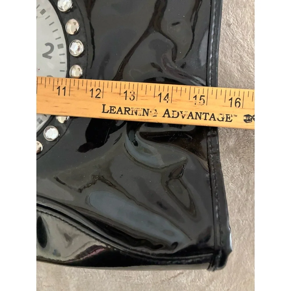 Vintage Far Nine Clock Purse Black Faux Patent Leather Rhinestones Works Y2K